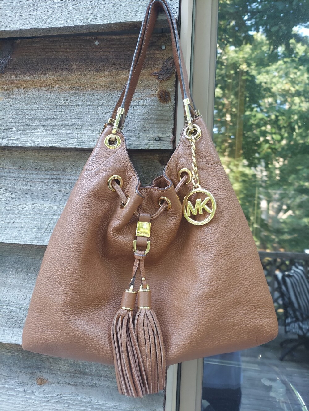 Michael Kors Cognac Pebbled Leather Drawstring Shoulder Bag with Tassel